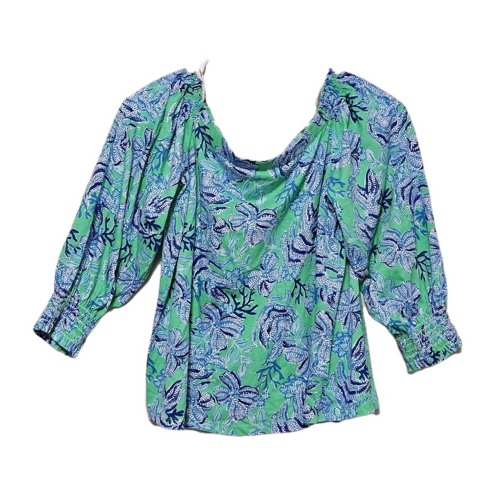 LILLY PULITZER LESSA OFF SHOULDER POPOVER TOP KEEPIN IT REEL CABANA GREEN Small